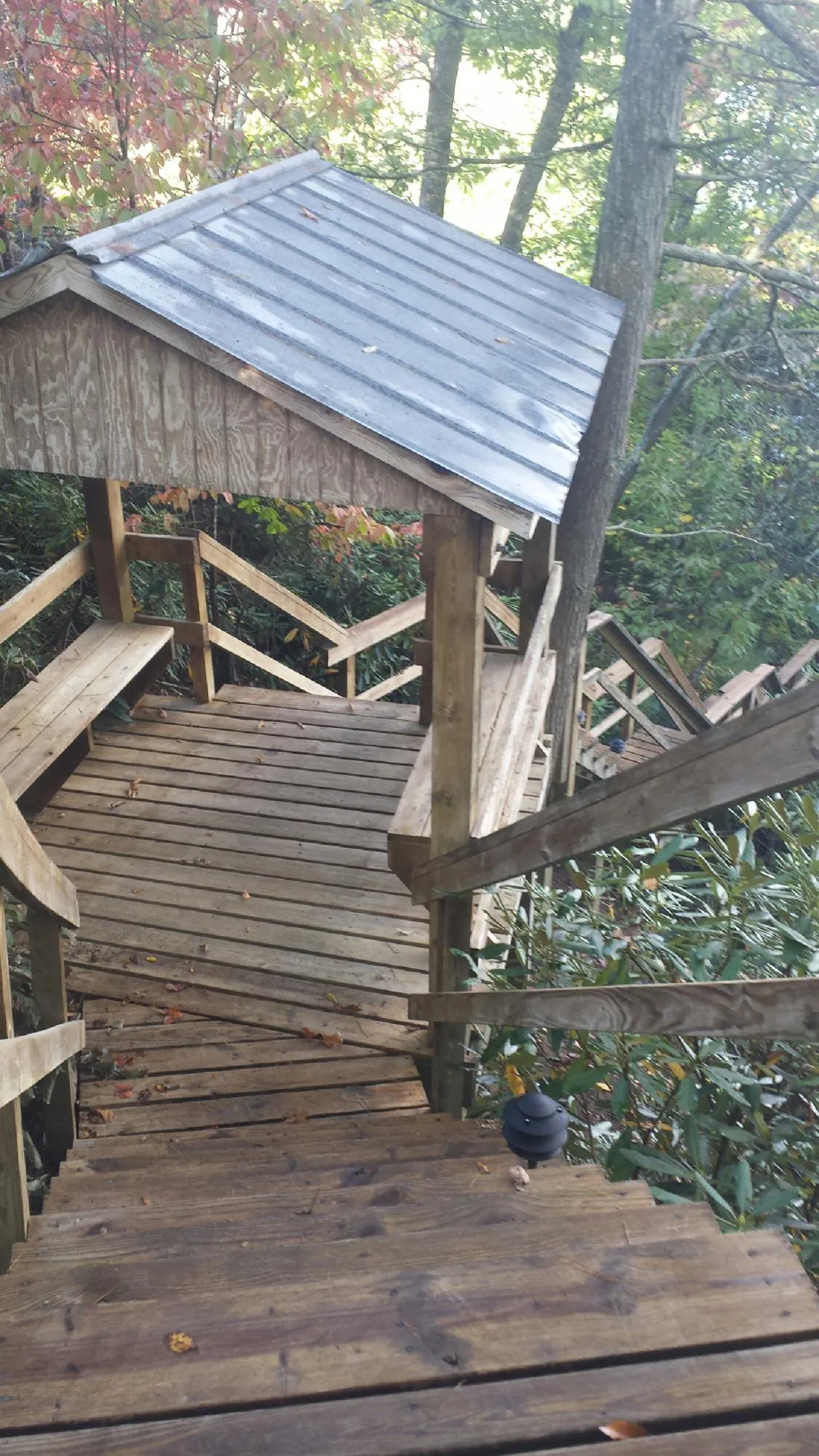 Metal roofed shelter over wooden steps on a wooded walkway — Skylight Repair & Installation work by our crew in Swain